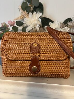 Woven Straw Crossbody Bag with Brown Leather Trim